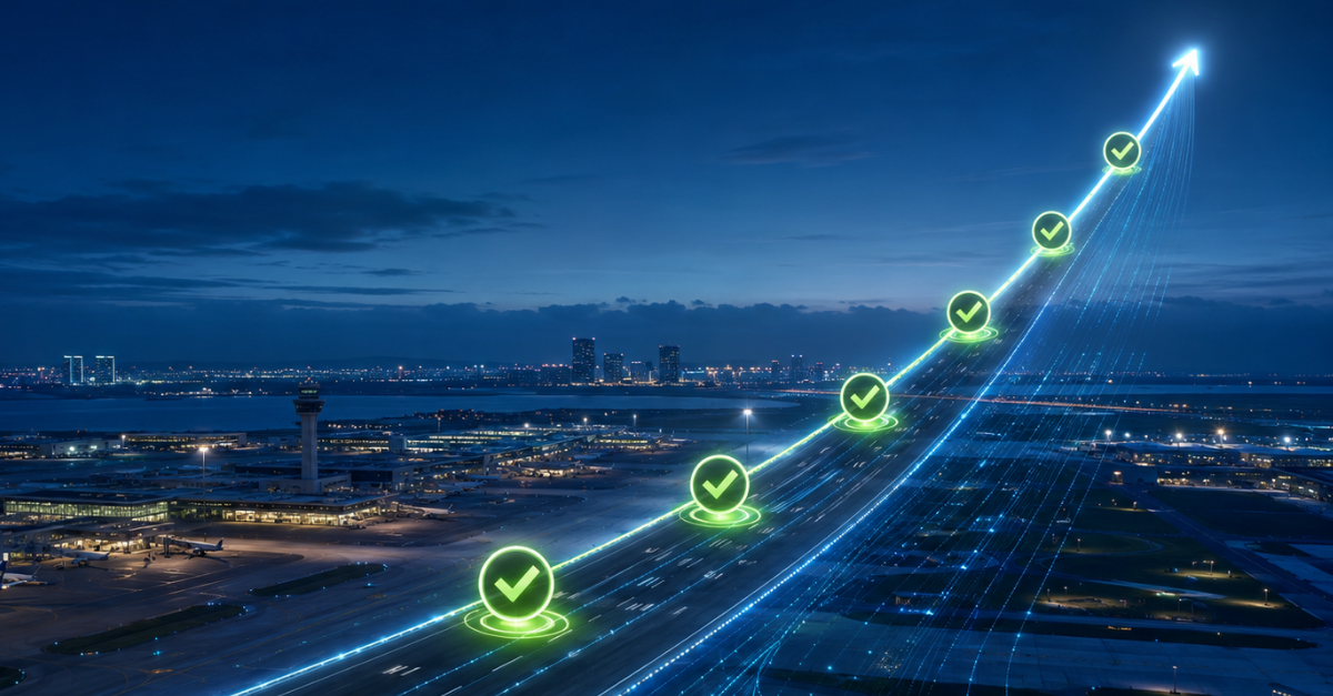 The New Investment Checklist Airport runway at night rising into a glowing path with six green checkmarks, symbolising travel investment milestones.
